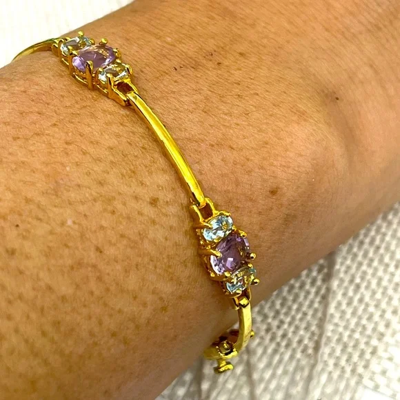 Vintage Gold-Over-Sterling Purple Gemstone Bracelet - 7” Stamped OBJ 925 - Picture 4 of 17